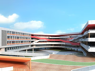 Modern School Building With Multi Storey Red Connecting Corridors Open Green Courtyard And Glass Windows 3d model