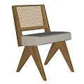 Modern Dining Chairs With Woven Rattan Backrest Gray Upholstered Seat And Wooden Legs