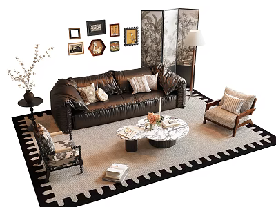 Brown Leather Sofa Set With Armchairs Coffee Table Rug And Framed Artworks In Living Room 3d model