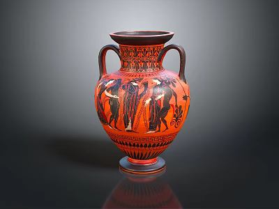 Ancient Greek Style Red Clay Vase With Black Figure Sculpted Design And Two Handles 3d model