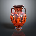 Ancient Greek Style Red Clay Vase With Black Figure Sculpted Design And Two Handles