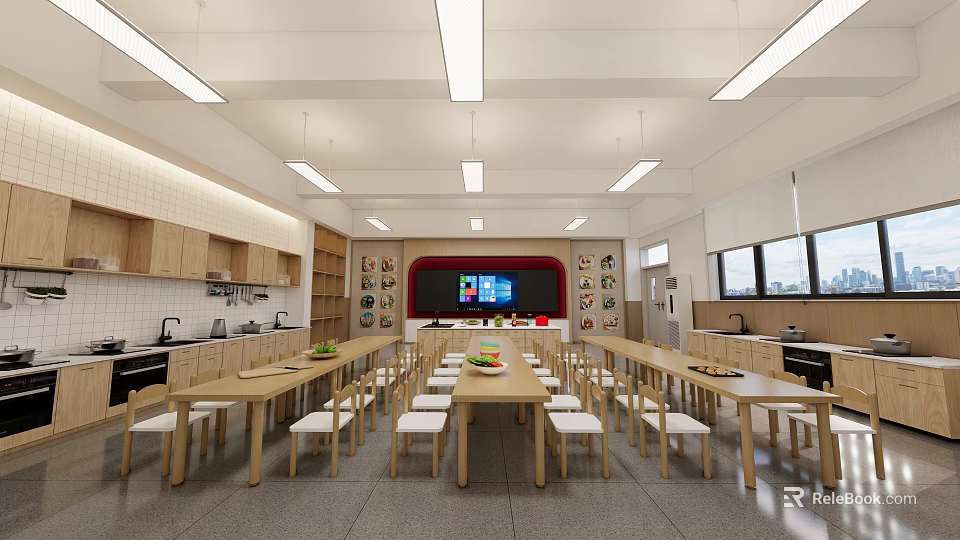 School Kitchen Interior Featuring Wooden Cabinets Long Tables Chairs And Hanging Lights 3d model 