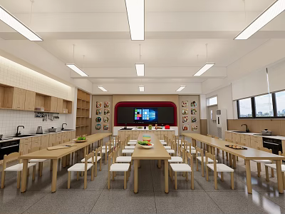 School Kitchen Interior Featuring Wooden Cabinets Long Tables Chairs And Hanging Lights 3d model