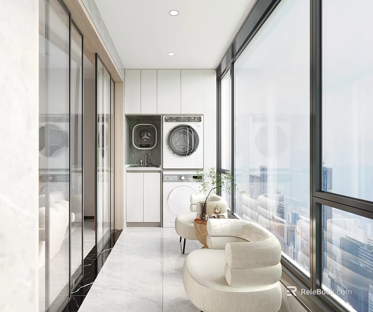 Home Balcony Design with Laundry Area White Cabinets Large Windows Light Sofa and City View 3d model 