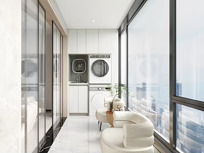Home Balcony Design with Laundry Area White Cabinets Large Windows Light Sofa and City View 3d model