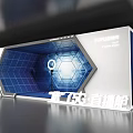 Modern Tech Display Stand With Hexagonal Frame Blue Grid Background And Ring Light On Tripod 3d model