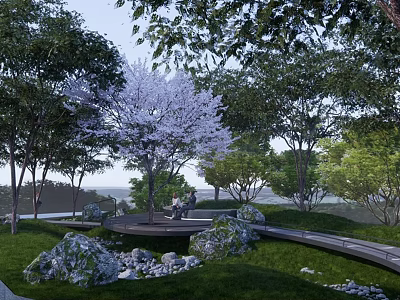 Scenic Park Landscape Featuring Cherry Blossom Tree People Sitting on Bench Green Grass Rock Pathway 3d model