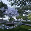 Scenic Park Landscape Featuring Cherry Blossom Tree People Sitting on Bench Green Grass Rock Pathway