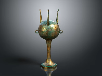 Ancient Bronze Vessel With Three Spires Ring Handles And Decorative Patterns On Slender Base 3d model