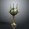 Ancient Bronze Vessel With Three Spires Ring Handles And Decorative Patterns On Slender Base 3d model