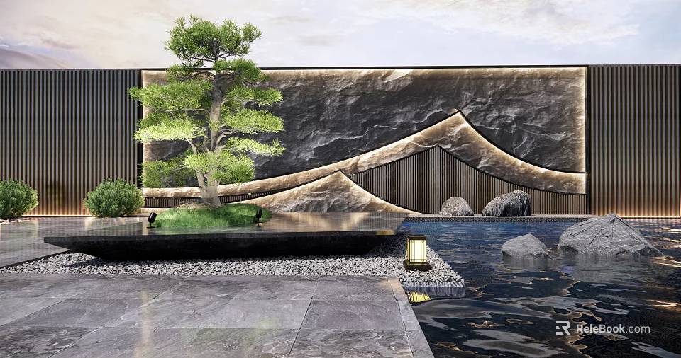 Feature Wall Design With Mountain Pattern Pine Tree Water Feature And Stone Accents 3d model