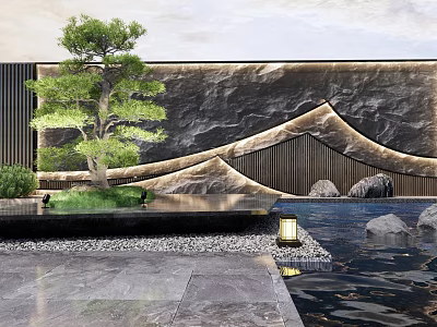 Feature Wall Design With Mountain Pattern Pine Tree Water Feature And Stone Accents 3d model