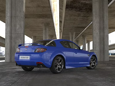 Blue Sports Car Parked Under Concrete Bridge 3d model