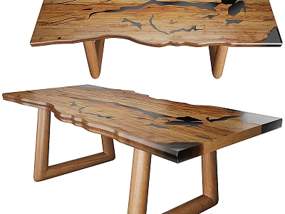 Unique Wooden Dining Table With Natural Wood Grain And Black Decorative Inlay Geometric Legs 3d model