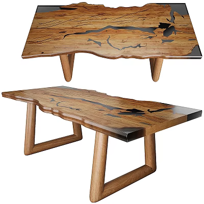 Unique Wooden Dining Table With Natural Wood Grain And Black Decorative Inlay Geometric Legs 3d model