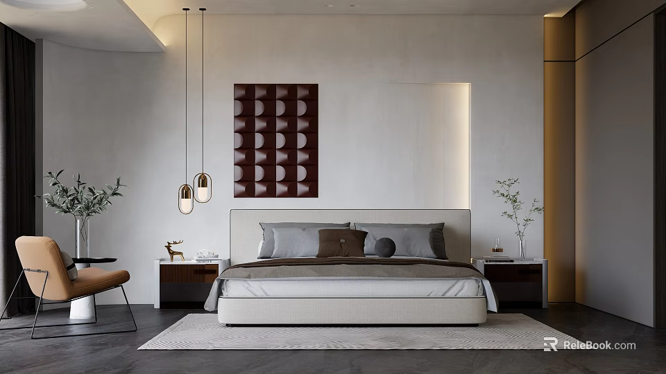 Modern Bedroom Interior With Bed Pillows Decorative Art Pendant Lights Nightstands Plants And Cozy Rug 3d model 