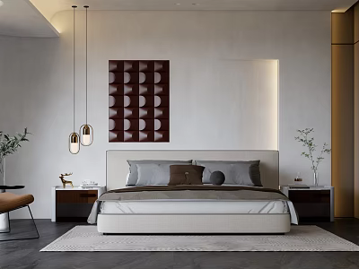 Modern Bedroom Interior With Bed Pillows Decorative Art Pendant Lights Nightstands Plants And Cozy Rug 3d model