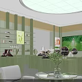 Green Interior Specialty Store With Display Shelves Round Counters White Chairs And Green Plants
