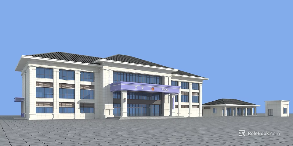 Symmetrical Public Building With White Exterior Black Roof And Purple Portico Square Forecourt 3d model 