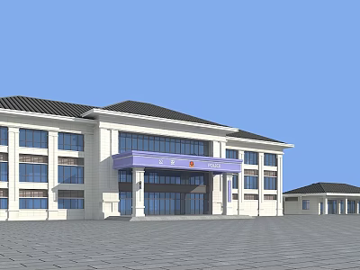 Symmetrical Public Building With White Exterior Black Roof And Purple Portico Square Forecourt 3d model