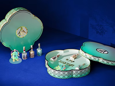 Decorative Green White Patterned Gift Box Set With Small Bottles And Cartoon Decoration 3d model
