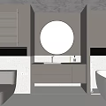 Modern Bathroom Interior Design With Round Mirror White Vanity And Freestanding Bathtub