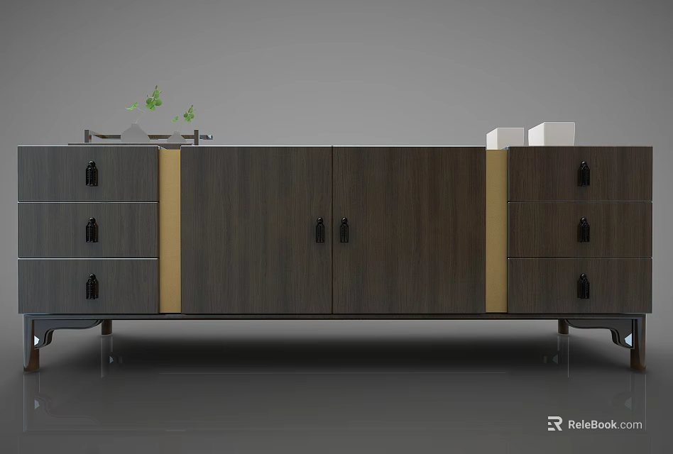 Modern Wood Grain Entryway Console Cabinet With Drawers Doors Metal Legs And Top Decorations 3d model 