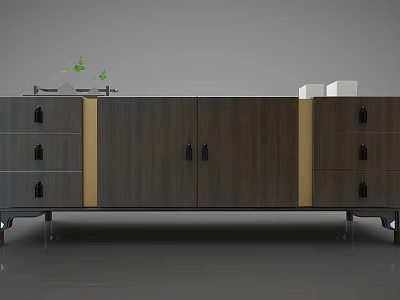 Modern Wood Grain Entryway Console Cabinet With Drawers Doors Metal Legs And Top Decorations 3d model