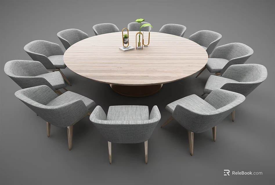 Round Wooden Dining Table Set With Gray Chairs And Decorative Items 3d model