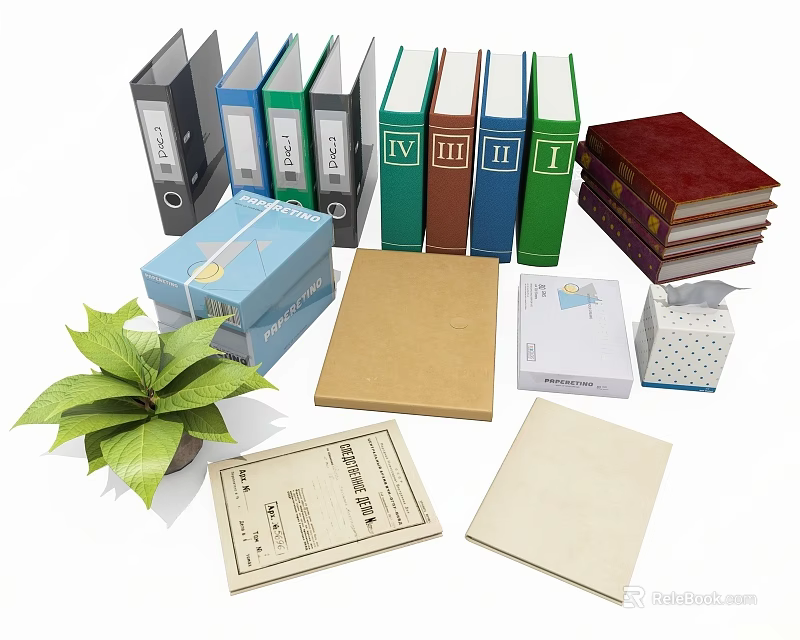 Colorful Office Folders With Organized Files Books Paper And Green Potted Plant 3d model 