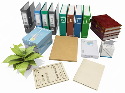 Colorful Office Folders With Organized Files Books Paper And Green Potted Plant 3d model