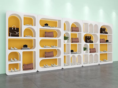 Modern Display Shelves with Handbags Shoes Storage and Small Plants in Retail Showcase 3d model