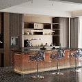 Elegant Modern Restaurant Interior With Bar Counter Stools Wooden Wall Coffee Machine And Green Plants