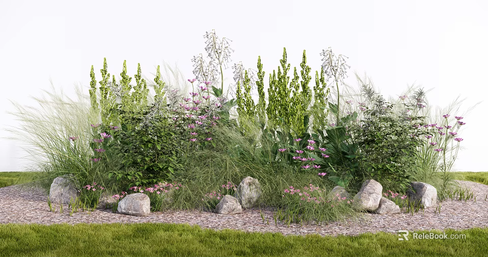 Natural Lush Garden With Green Plants Pink Flowers Tall Herbs Stones And Grass 3d model 