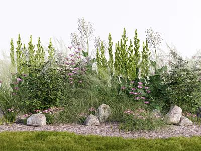 Natural Lush Garden With Green Plants Pink Flowers Tall Herbs Stones And Grass 3d model