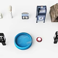 Dog Supplies Collection With Wooden House Blue Bowl Red Toy Ring And Mailbox