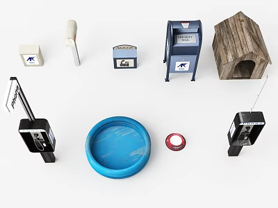 Dog Supplies Collection With Wooden House Blue Bowl Red Toy Ring And Mailbox 3d model