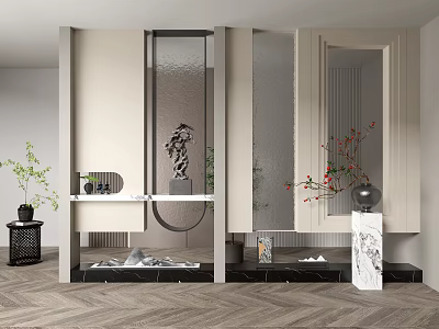 Elegant Modern Room Divider With Glass Panel Sculpture Marble Base And Plants 3d model