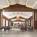 Elegant Chinese Hotel Lobby Interior With Wooden Ceiling Chandelier And Green Plants