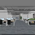Modern Public Office Space With Workstations Computers Office Chairs Spacious Interior Green Plants And Carpet