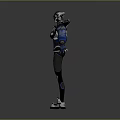 Futuristic Sci Fi Character With Blue Helmet Mechanical Armor And Silver Boots