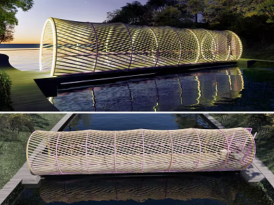 Illuminated Cylindrical Woven Landscape Bridge Over Pond With Reflection in Natural Surroundings 3d model