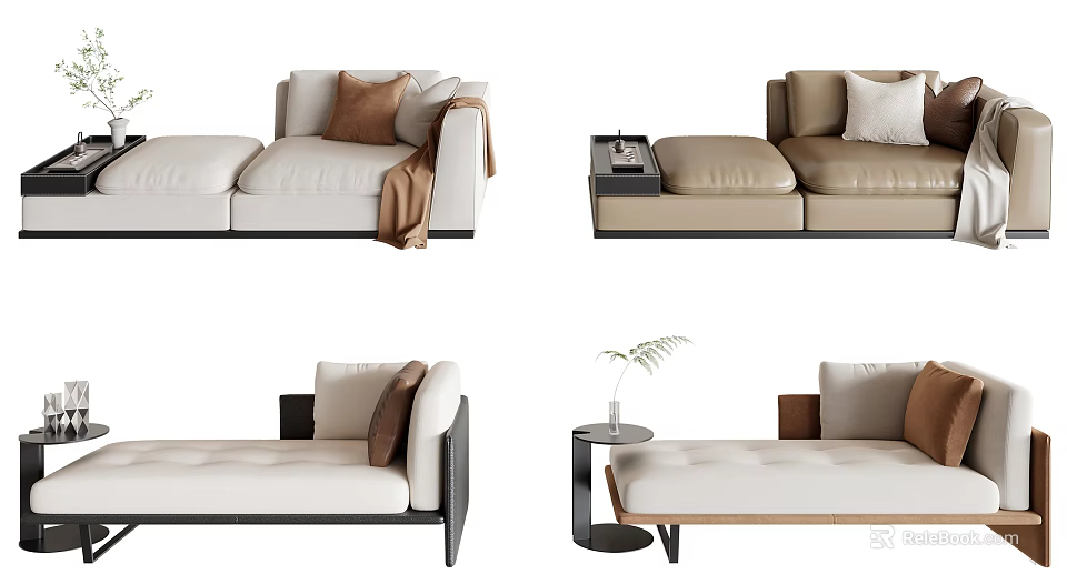 Modern Beige Chaise Lounge Design With Plush Pillows Throw Blanket And Side Table Accent 3d model 