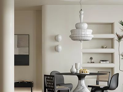 Modern Restaurant Interior With White Pendant Light Marble Dining Table Grey Chairs And Wall Shelves 3d model