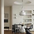 Modern Restaurant Interior With White Pendant Light Marble Dining Table Grey Chairs And Wall Shelves