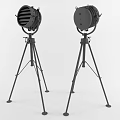 Modern Silver Metal Floor Lamp Tripod Stand Searchlight Shade On Black Wall Decorative Circular Pattern