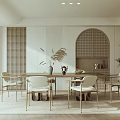 Modern Dining Room Interior With Dining Table Chairs Grid Panel And Decorative Plants 3d model
