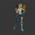 Pink Haired Female Character Holding Gun Wearing White Tank Top And Blue Ripped Pants