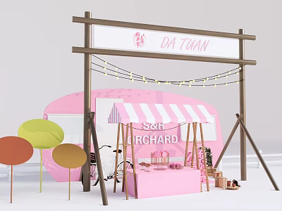 Pink Caravan Stall With DA JUAN Signboard Colorful Lollipop Decorations Bicycle And Lights 3d model