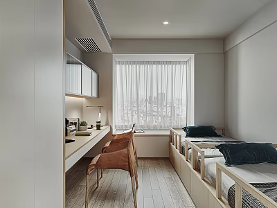 Kids Room Interior Design With Bunk Beds Study Desk And Window View 3d model